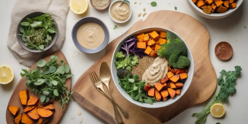 "Healthy vegan lunch bowl with roasted sweet potatoes, broccoli, greens, and tahini dressing"