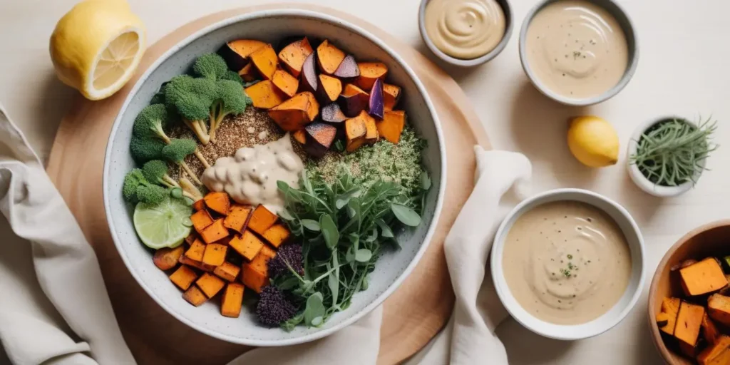 "Healthy vegan lunch bowl with roasted sweet potatoes, broccoli, greens, and tahini dressing served with fresh lime"