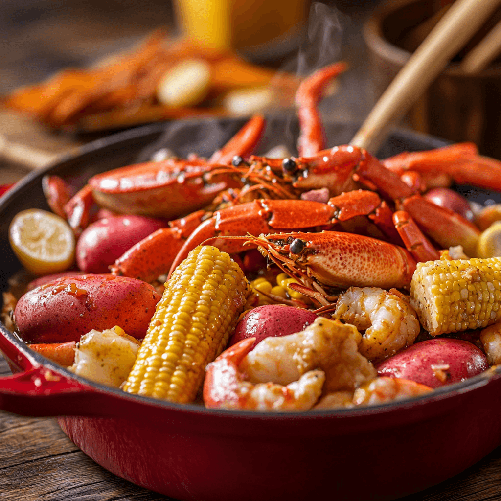 How to Thicken a Seafood Boil: Rich and thickened seafood boil with shrimp, crab legs, corn, and potatoes in a flavorful sauce