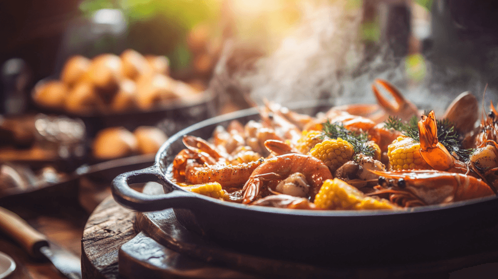 Rich and thickened seafood boil with shrimp, crab legs, corn, and potatoes in a flavorful sauce