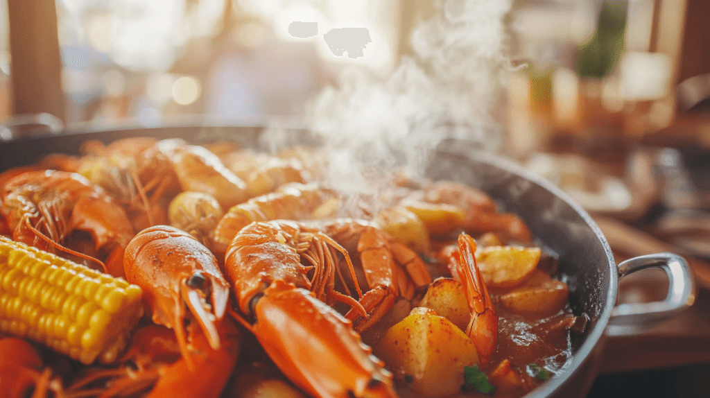 Rich and thickened seafood boil with shrimp, crab legs, corn, and potatoes in a flavorful sauce