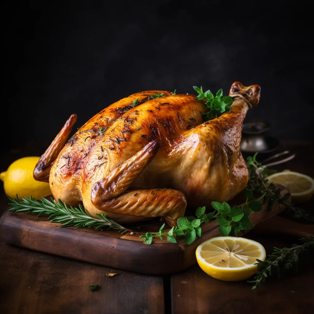 A perfectly roasted whole chicken with golden crispy skin, garnished with fresh herbs and lemon slices on a wooden cutting board