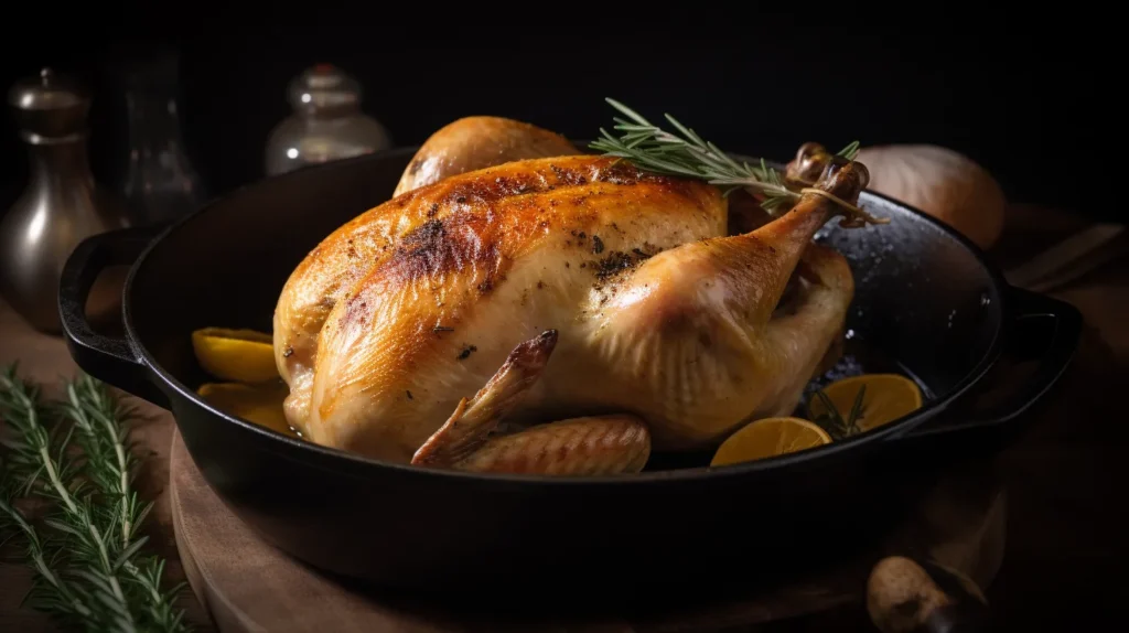 How long should you slow roast chicken? A perfectly golden slow-roasted whole chicken in a cast iron pan with fresh rosemary and lemon.