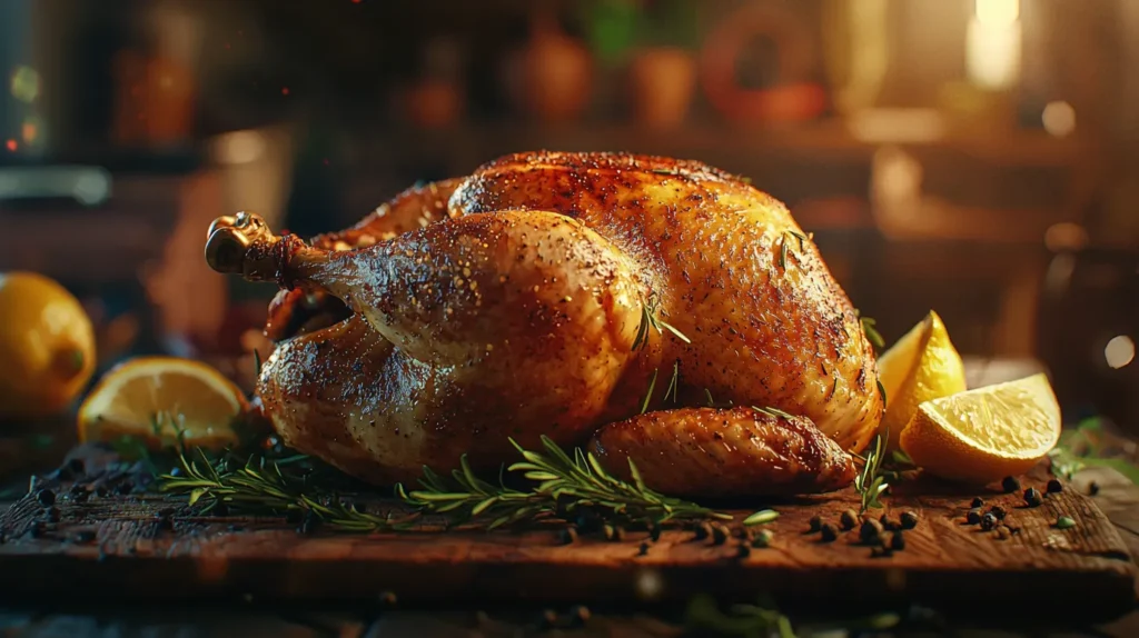 Is it better to roast chicken fast or slow? A perfectly roasted whole chicken with crispy golden-brown skin, garnished with fresh rosemary and lemon wedges.