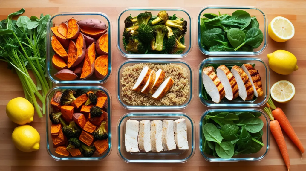 Organized meal prep for 10 healthy lunches with roasted sweet potatoes, quinoa, grilled chicken, broccoli, spinach, and fresh lemons