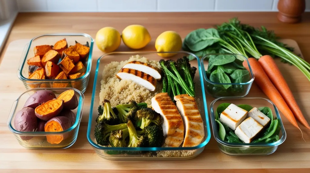 Healthy meal prep showcasing 10 healthy lunches with roasted sweet potatoes, grilled chicken, broccoli, quinoa, and fresh greens. What are 10 healthy lunches?