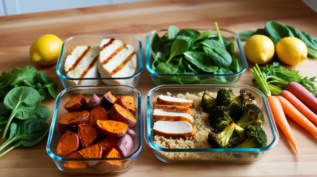 "Healthy meal prep setup for balanced lunches with roasted sweet potatoes, quinoa, grilled chicken, broccoli, and fresh spinach."