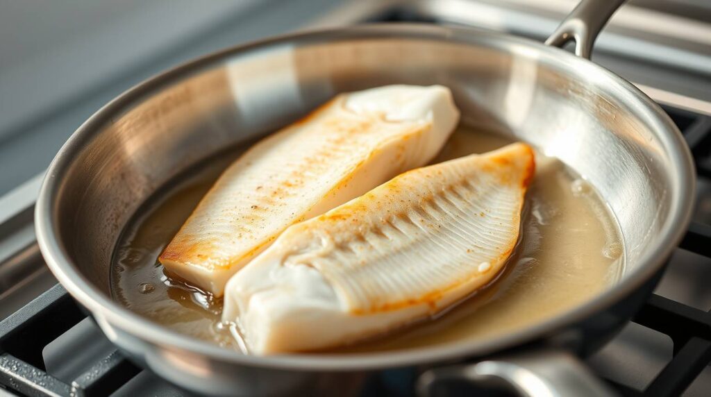 Image of pickerel fillets being pan-fried skin-side down in a skillet to achieve a golden-brown sear.