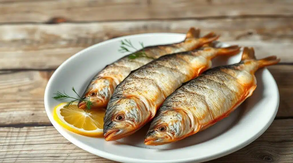 High-angle close-up of three whole cooked pickerel fish on a white plate, garnished with dill and a slice of lemon, set against a rustic wooden background.
