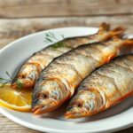 High-angle close-up of three whole cooked pickerel fish on a white plate, garnished with dill and a slice of lemon, set against a rustic wooden background.