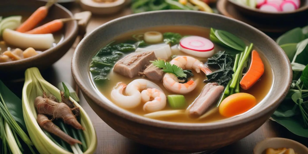 Traditional Filipino Sinigang soup served in a bowl with fresh ingredients like shrimp, pork, vegetables, and tamarind broth.