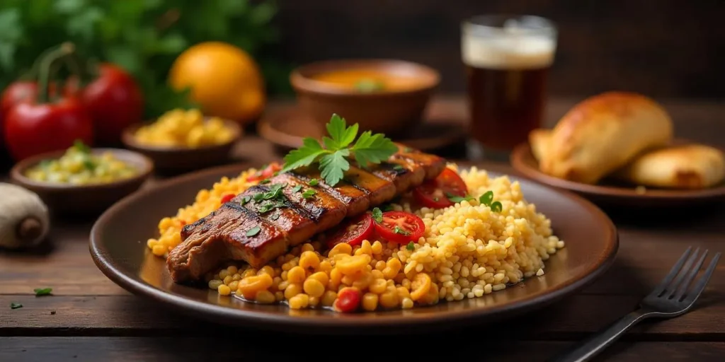 Authentic Colombian dish with grilled meat, seasoned grains, and corn, garnished with fresh parsley and tomatoes, served with empanadas and a traditional drink.