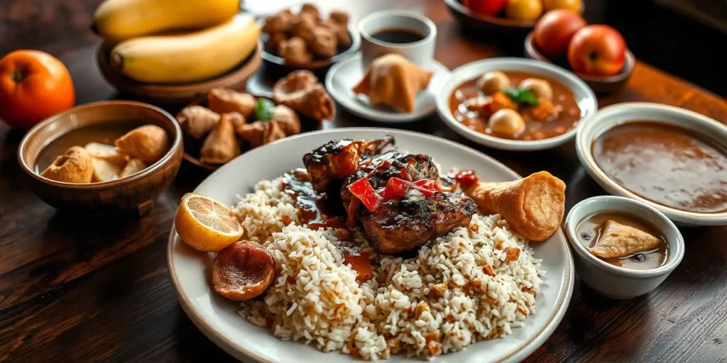 Traditional Colombian dish with grilled meat, seasoned rice, fried plantains, and side dishes, served with coffee and fresh tropical fruits on a rustic table.