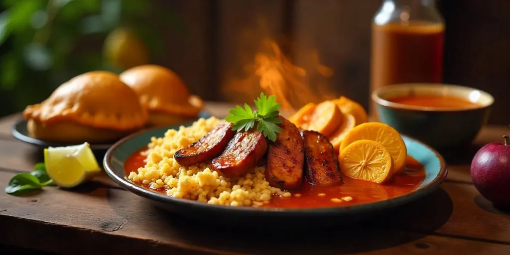 Authentic Colombian dish featuring grilled plantains, rice, and tomato-based sauce, served with empanadas and fresh citrus slices on a rustic table.