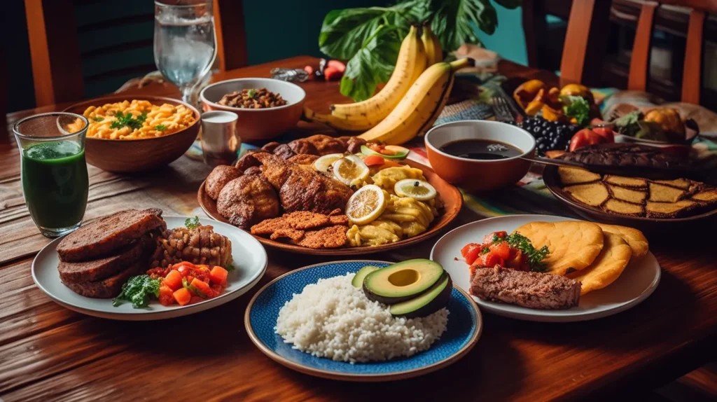 A colorful spread of traditional Colombian food, including bandeja paisa, arepas, rice with avocado, empanadas, and tropical fruits on a rustic wooden table.