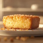 A close-up of a freshly baked Betty Crocker banana bread slice on a white plate, with a golden-brown crust and a soft, moist interior. Crumbs are scattered around, adding to the homemade feel, with warm, natural lighting in a cozy kitchen setting.