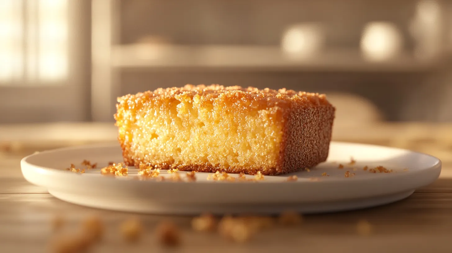 A close-up of a freshly baked Betty Crocker banana bread slice on a white plate, with a golden-brown crust and a soft, moist interior. Crumbs are scattered around, adding to the homemade feel, with warm, natural lighting in a cozy kitchen setting.