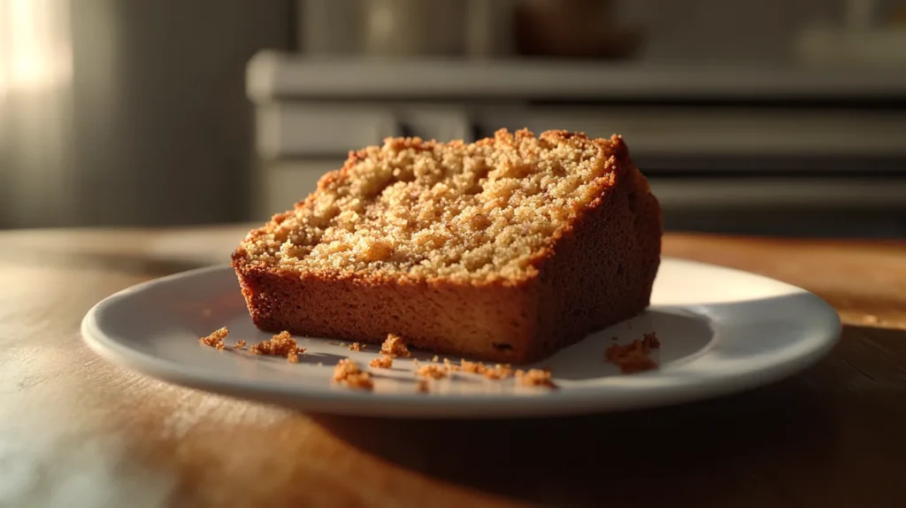 A slice of homemade Betty Crocker banana bread on a white plate, showcasing a golden-brown crust and a soft, crumbly texture. The warm, natural lighting enhances the freshly baked appearance, with crumbs scattered around for a rustic, cozy feel.