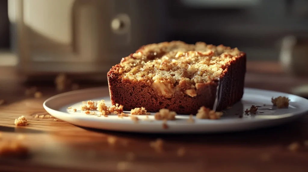 A freshly baked slice of Betty Crocker banana bread with a crumbly streusel topping, placed on a white plate. The golden-brown crust and moist interior are highlighted by warm, natural lighting, creating a cozy, homemade feel.