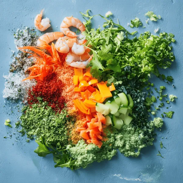 A colorful mix of vegetables, shrimp, and algae ingredients for the best homemade fish food.