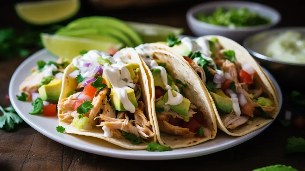 Best Chicken Tacos Recipe with shredded chicken, diced tomatoes, onions, creamy sour cream, fresh avocado slices, and cilantro, served on warm tortillas with lime wedges.