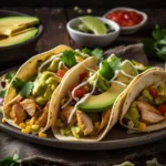 Best Chicken Tacos Recipe with grilled chicken, fresh avocado slices, guacamole, cilantro, diced tomatoes, black beans, and corn, served on soft tortillas with lime wedges.