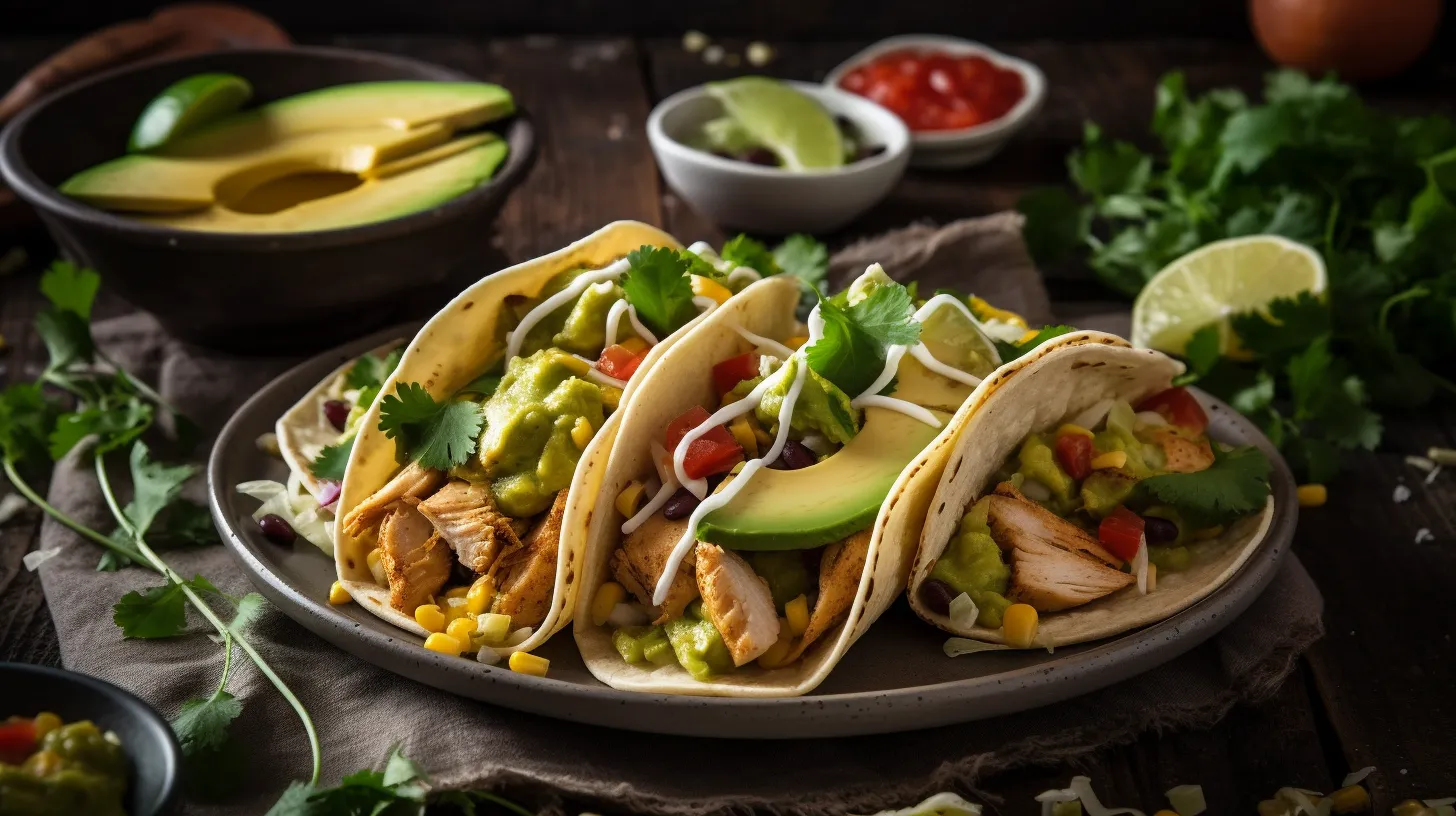 Best Chicken Tacos Recipe with grilled chicken, fresh avocado slices, guacamole, cilantro, diced tomatoes, black beans, and corn, served on soft tortillas with lime wedges.