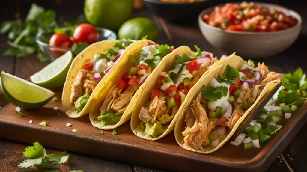 Best Chicken Tacos Recipe featuring tender shredded chicken, fresh cilantro, diced tomatoes, onions, and creamy sauce on warm corn tortillas, served with lime wedges.