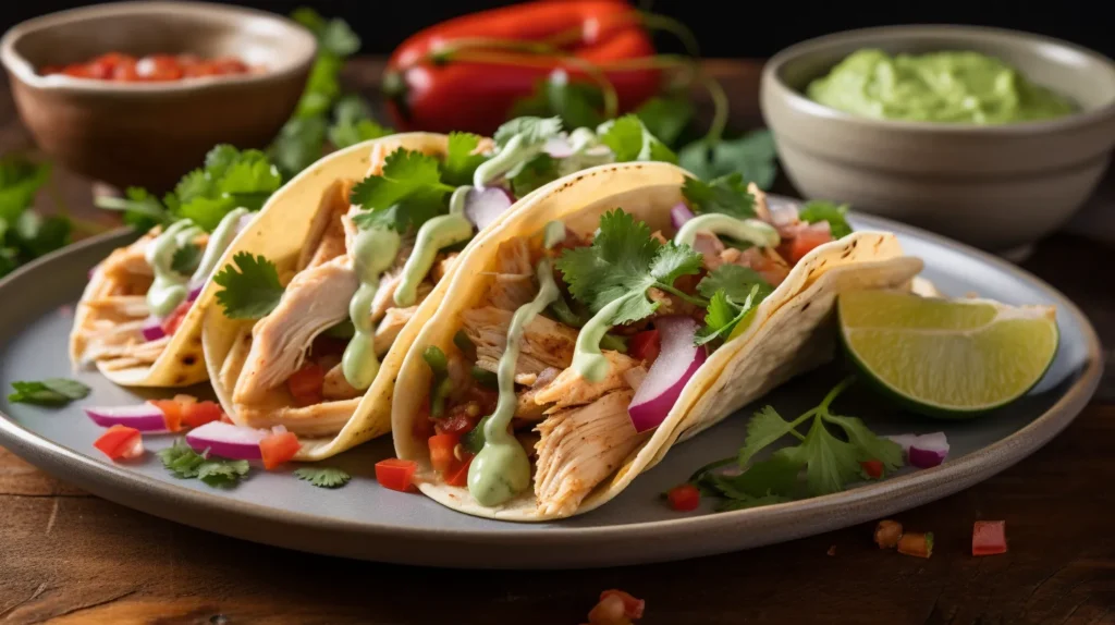 Best Chicken Tacos Recipe served on a white plate with grilled chicken, fresh cilantro, diced onions, and creamy avocado sauce, garnished with lime wedges.