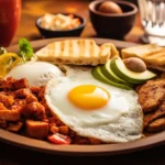 A vibrant plate of typical Colombian breakfast featuring a fried egg, grilled arepas, avocado slices, seasoned meat, fresh bread, and a glass of tropical juice on a rustic wooden table