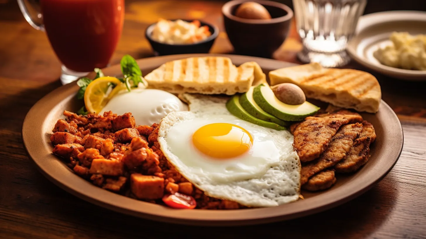 A vibrant plate of typical Colombian breakfast featuring a fried egg, grilled arepas, avocado slices, seasoned meat, fresh bread, and a glass of tropical juice on a rustic wooden table