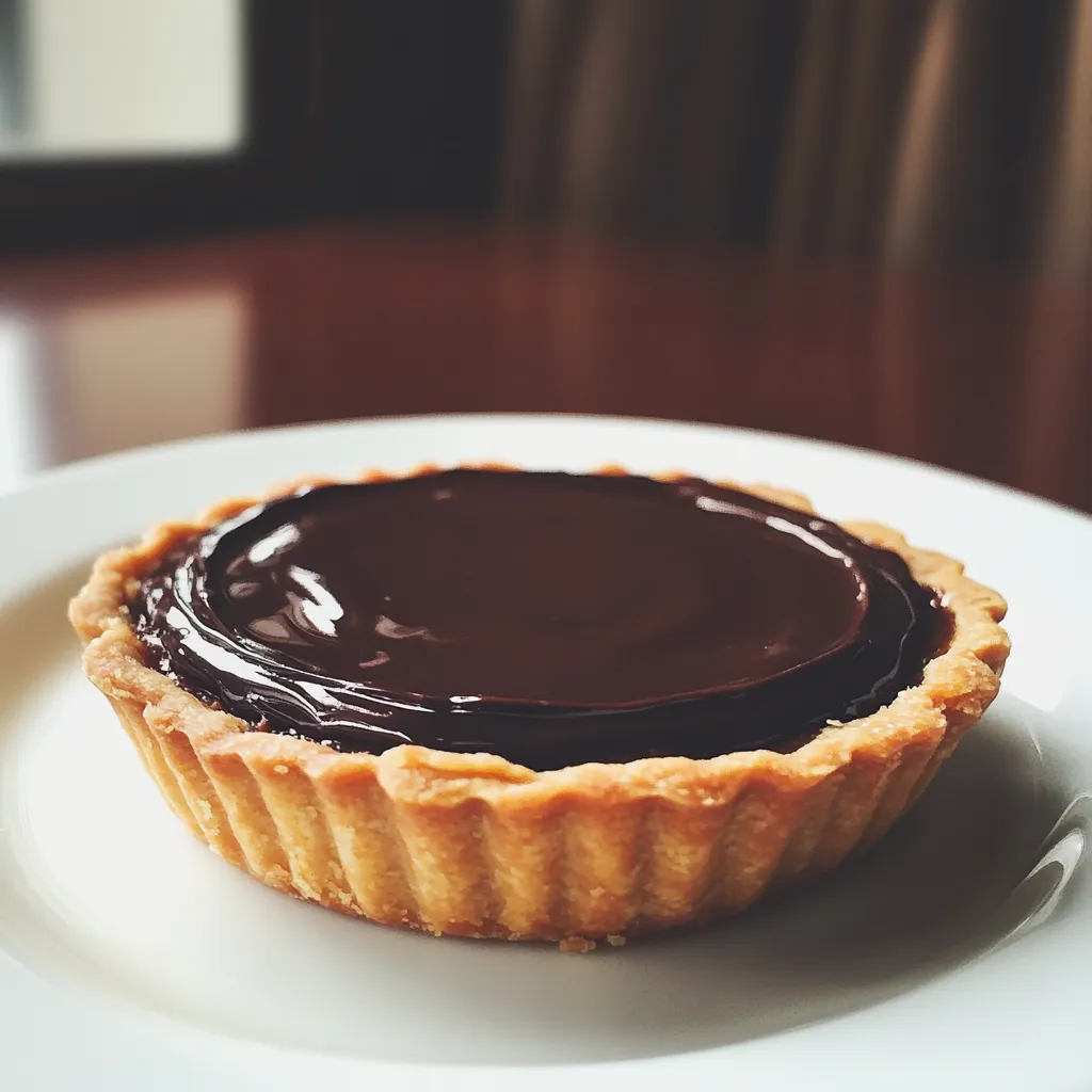 Decadent Chocolate Ganache Tart with a glossy chocolate filling and a golden, crisp crust on a white plate.