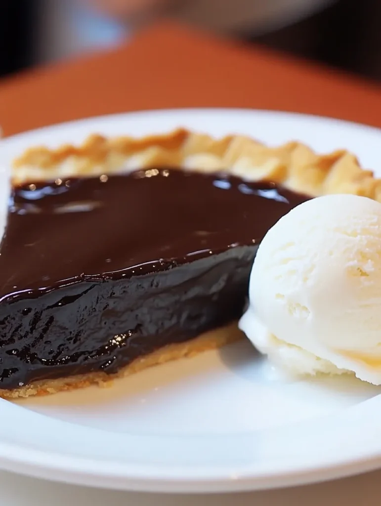  A luscious slice of Decadent Chocolate Ganache Tart with a crisp crust, served with a scoop of vanilla ice cream on a white plate.