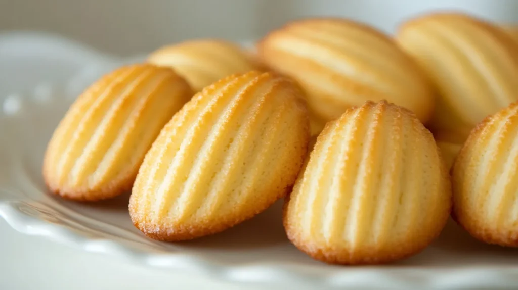 A close-up of golden, buttery creamy madeleine cookies arranged on an elegant white plate. Soft, delicate, and perfectly baked with a crisp edge and tender crumb.