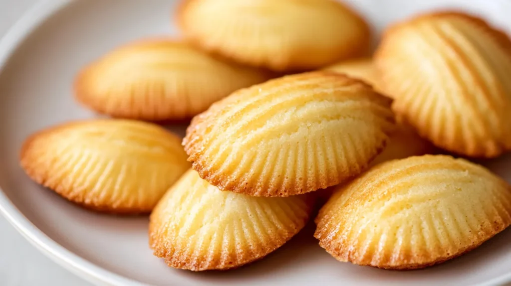 A close-up of golden, buttery creamy madeleine cookies arranged on a white plate, showcasing their delicate shell-like shape and soft texture. Perfect for breakfast