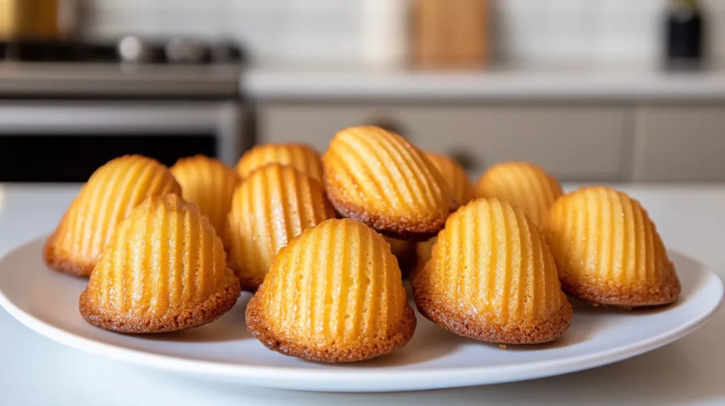 Creamy Madeleine Cookies Recipe: A plate of freshly baked creamy madeleine cookies with a golden-brown crust, arranged neatly in a well-lit modern kitchen. Soft, buttery, and delicious.