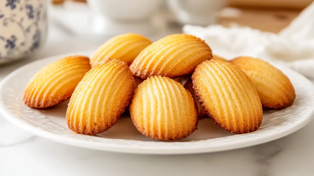 "A plate of freshly baked creamy madeleine cookies with a golden crust and soft, buttery texture, served on a white plate. Perfect for breakfast or tea time."