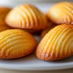 Creamy Madeleine Cookies Recipe" Golden creamy madeleine cookies with a soft, buttery texture, arranged on a white plate. Freshly baked, with a delicate crisp edge and tender crumb