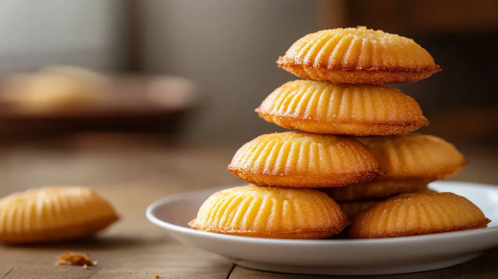 Keep Madeleines Moist and Fresh – Perfect Stack of Golden Madeleines: A neatly stacked tower of golden madeleines on a white plate, showcasing their delicate shell pattern and sugar-dusted tops, highlighting their moist and fresh texture