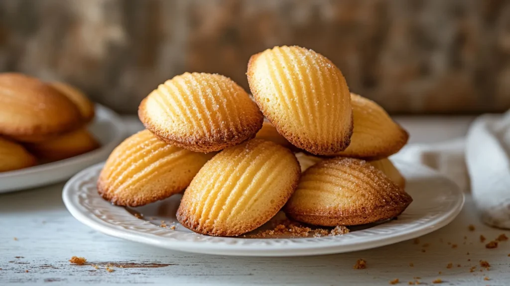 Stack of golden, moist madeleines on a white plate, showcasing their delicate shell pattern and sugar-dusted surface, highlighting their freshness and softness.