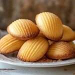 Stack of golden, moist madeleines on a white plate, showcasing their delicate shell pattern and sugar-dusted surface, highlighting their freshness and softness.