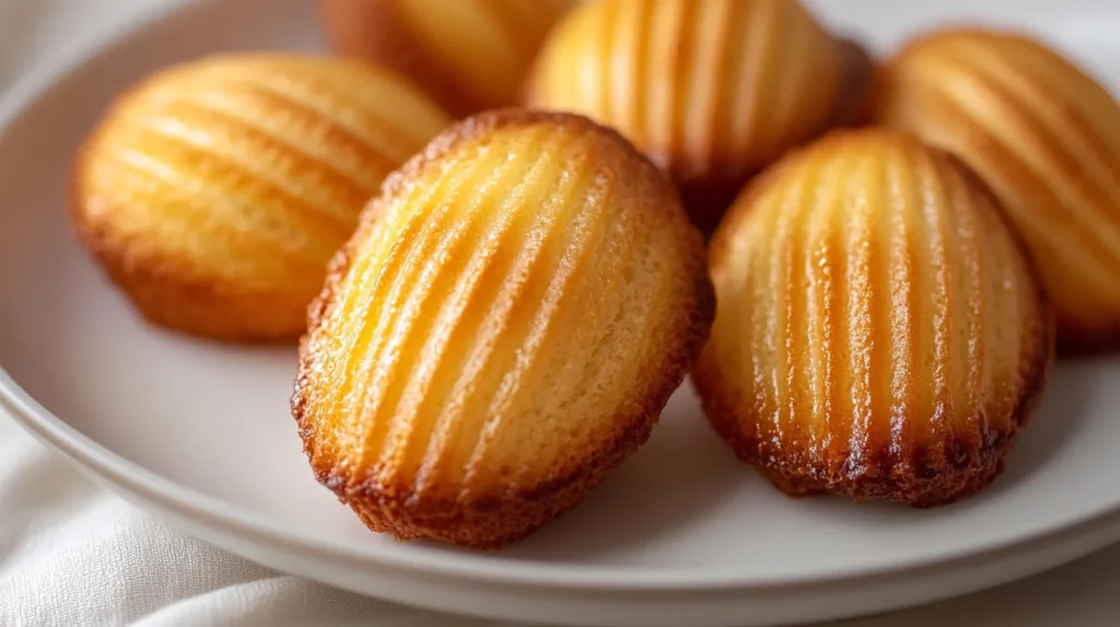 Keep Madeleines Moist and Fresh – Golden French Madeleines on a Plate: Close-up of golden madeleines on a white plate, showing their delicate shell texture and caramelized edges, highlighting their soft and moist interior.