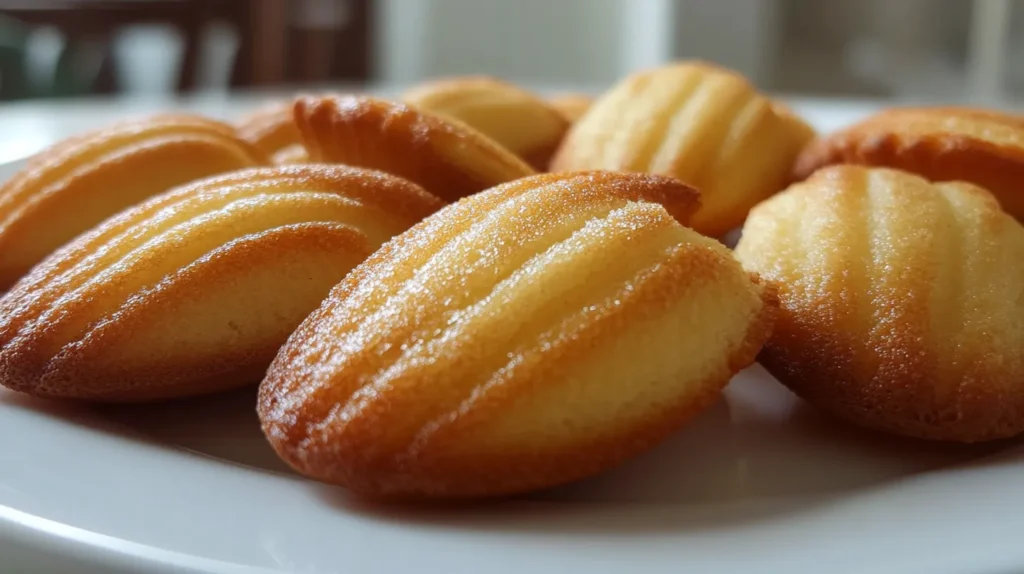 Keep Madeleines Moist and Fresh: Close-up of golden, moist madeleines on a white plate, showing their soft texture and slightly crisp edges, ensuring freshness and delicate flavor.