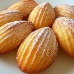 substitutes for madeleine molds: Golden-brown madeleines on a white plate, dusted with powdered sugar.