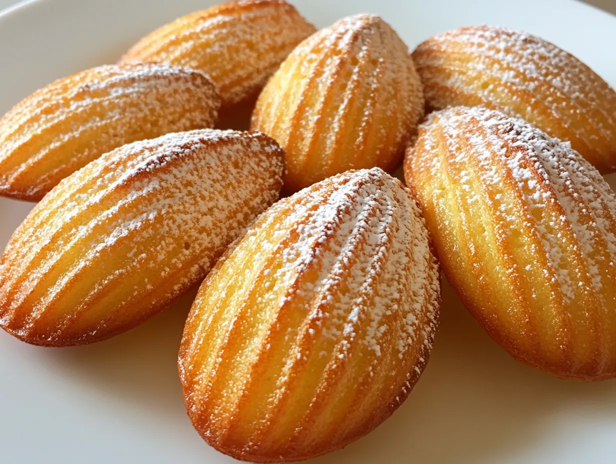 substitutes for madeleine molds: Golden-brown madeleines on a white plate, dusted with powdered sugar.