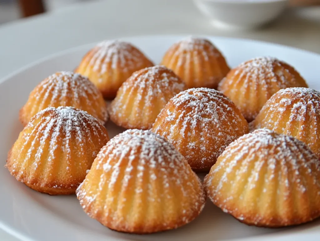 substitutes for madeleine molds: Golden-brown madeleines on a white plate, dusted with powdered sugar.