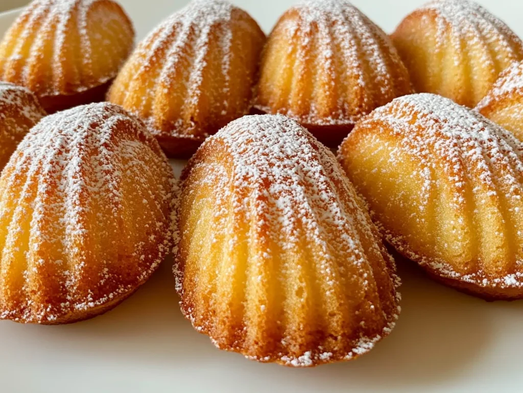 substitutes for madeleine molds: Golden-brown madeleines on a white plate, dusted with powdered sugar.