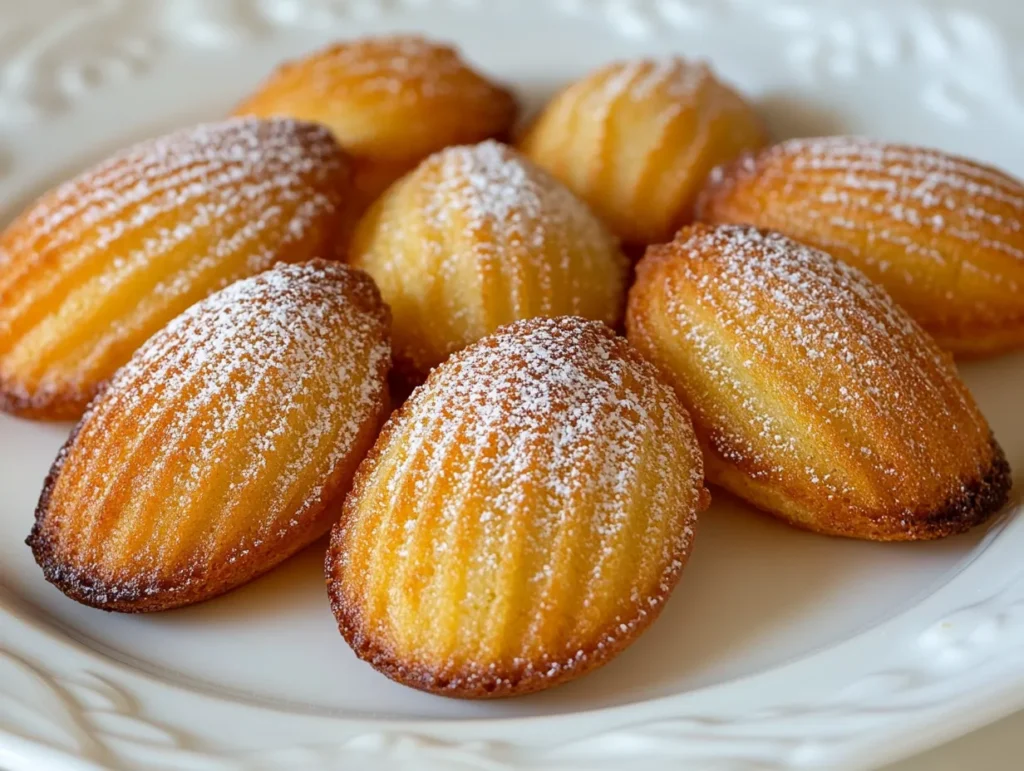 substitutes for madeleine molds: Golden-brown madeleines on a white plate, dusted with powdered sugar.