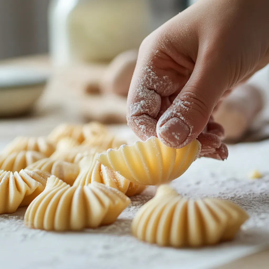 A baker’s hand carefully handling raw madeleine dough, highlighting the delicate texture. Discover what makes madeleines so good