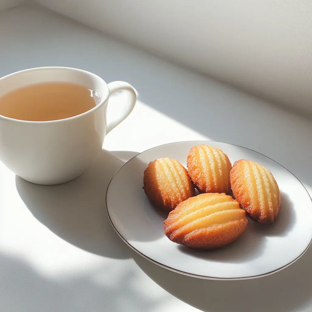 A plate of golden-brown madeleines served with a cup of tea, showcasing what makes madeleines so good.